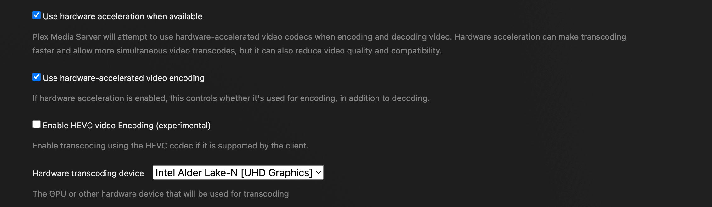 Plex hardware transcoding settings